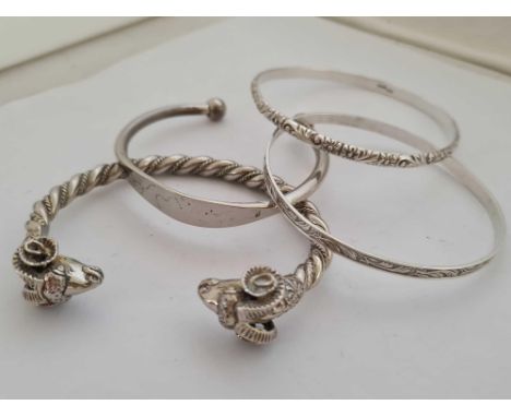 3 SILVER & 1 PLATED RAM HEAD SILVER BANGLE, SILVER WEIGHT 41g