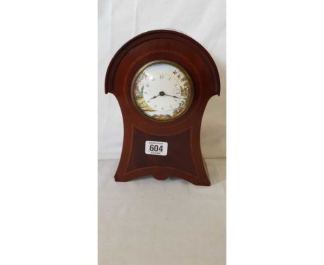 EDWARDIAN INLAID MAHOGANY CLOCK WITH ENAMEL DIAL, DIAL CRACKED
