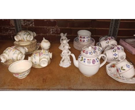 SHELF WITH ADAMS OLD COLONIAL TEA CUPS, PLATES & SAUCERS, PLANT TUSCAN CHINA, CUPS, SAUCERS, PLATES & 3 CHERUBS