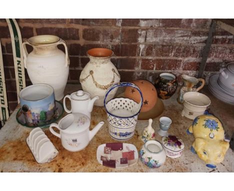 SHELF OF MISC CHINAWARE INCL; VASES, CANDLE LIGHT HOLDER & A PIG MONEY BOX