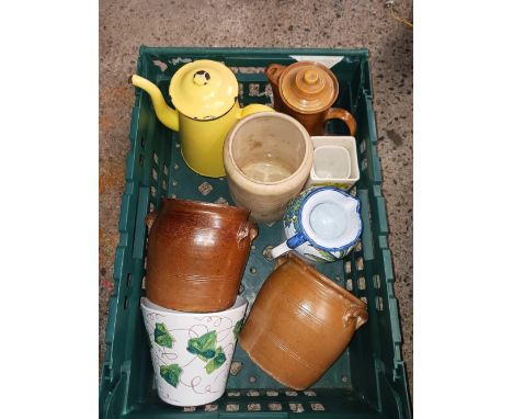 CARTON OF MISC JUGS &  BOWLS & A YELLOW ENAMEL COFFEE POT