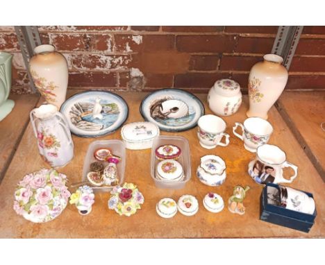 SHELF WITH MISC CHINAWARE INCL; AYNSLEY POSIES, VASES & COALPORT DESK TIDY'S 