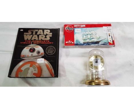 CARTON WITH STAR WARS VISUAL DICTIONARY, PERPETUAL CLOCK IN DOME & A HORNBY AIR FIX CUTTY SARK MODEL KIT