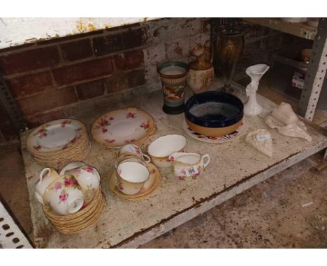 SHELF WITH QTY OF ROYAL DOULTON TEA CUPS, PLATES, SAUCERS,VASES & A ROYAL DOULTON BOWL & WHITE WALL POCKETS