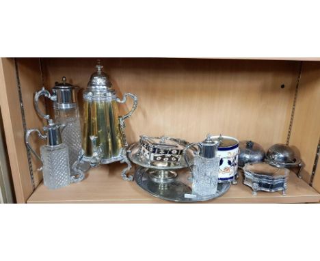SHELF OF PLATEDWARE, GLASS CLARET JUGS, SAMOVAR A/F ETC