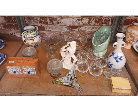 SHELF WITH MISC GLASSES, JUGS, BOWLS & A LIGHT GREEN DARTMOUTH FLOWER VASE