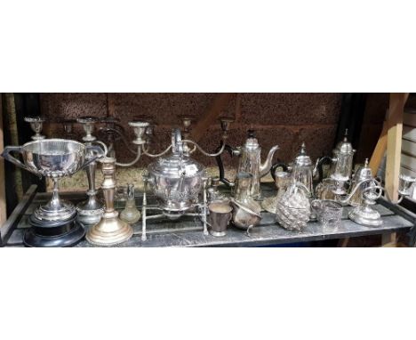 SHELF OF MAINLY WHITE METAL COFFEE POTS, JUGS, CANDELABRA'S & PLATED ITEMS