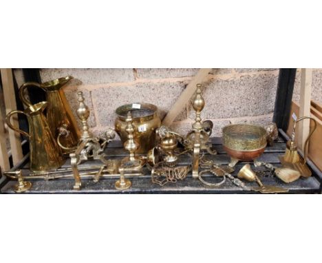 SHELF OF MISC BRASS WARE INCL; BRASS JUGS, CANDLE SCONCES, ANDIRONS & OTHER BRASS WARE