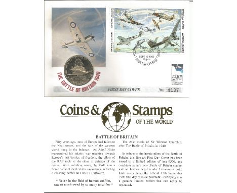 Battle of Britain 1940 First Day Coin Cover Reach for the Sky No 4137 PM Republic of the Marshall Islands Sept 15 1990 Majuro