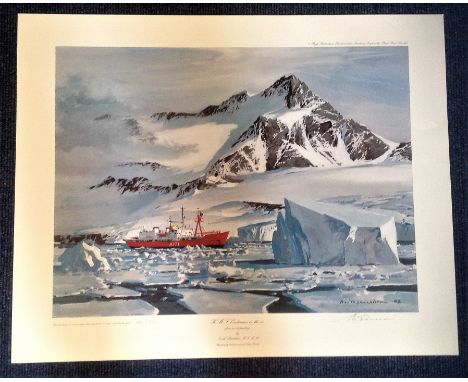 Nautical print HMS Endurance in the Ice 32x18 approx signed in pencil by the artist Keith Shackleton limited edition 265/850.
