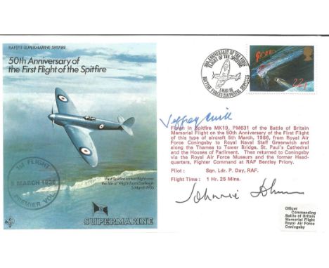 Jeffrey Quill and Johnnie Johnson signed 50th anniv of the first flight of the spitfire cover. Good conditon. We combine post