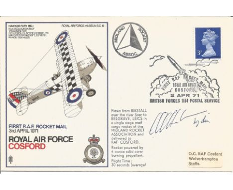 Wg. Cdr. George Harkness OBE AFC. Signed Royal Air Force Cosford First RAF Rocket Mail 3rd April 1971 signed FDC No. 48 of 50