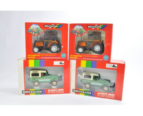 Britains Renault Tractor Duo plus Land Rover Defender x 2. Near Mint in Very Good Boxes. (4)