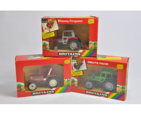 Britains Tractor Trio including Unusual MF595 and Scraper Set. Deutz DX92 and Fiat 880DT. All Generally Near Mint in Good to 