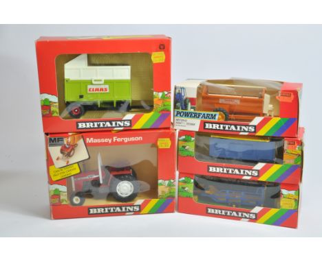 Britains Tractor and Implement Selection including Blue Claas Trailer (lacks decal) and MF595. Generally Good to Near Mint in
