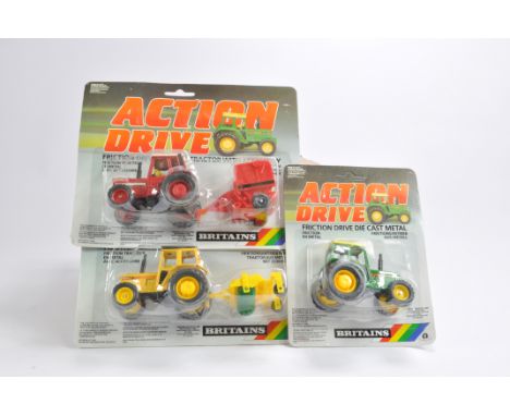Interesting assortment of Britains Action Drive Tractor and Implement Sets. Hard to find. Generally Mint with Excellent packa