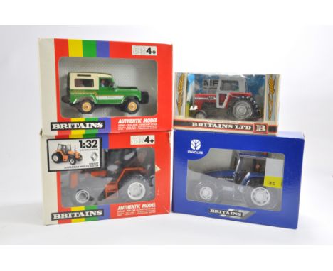 Britains Farm to include Land Rover Defender, MF595 Tractor, NH TM165 and Renault. All Near Mint in good to very good boxes. 
