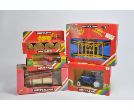 Britains Tractor and Implement Selection including Ford 7710 Tractor. Generally Near Mint in Fair to Very Good Boxes. (5)