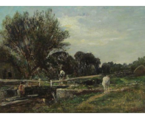 Mark William Fisher (American/British 1841-1923): The Lock Gate, oil on canvas signed 45cm x 59cm 