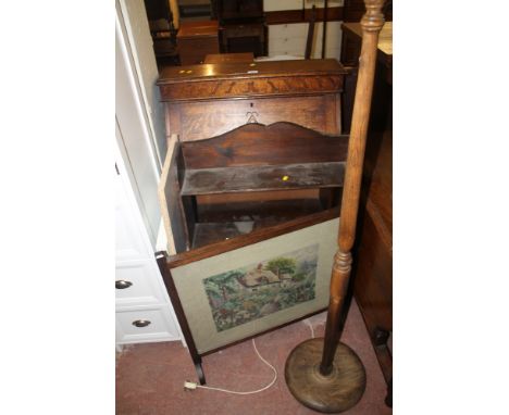 AN OAK BUREAU, TOGETHER WITH A BOOKCASE FIRE SCREEN, ETC (4)