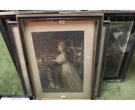 A FRAMED AND GLAZED MEZZOTINT OF A PORTRAIT OF A LADY WITH DOG TOGETHER WITH A PAIR OF FRAMED AND GLAZED MEZZOTINT'S DEPICTIN