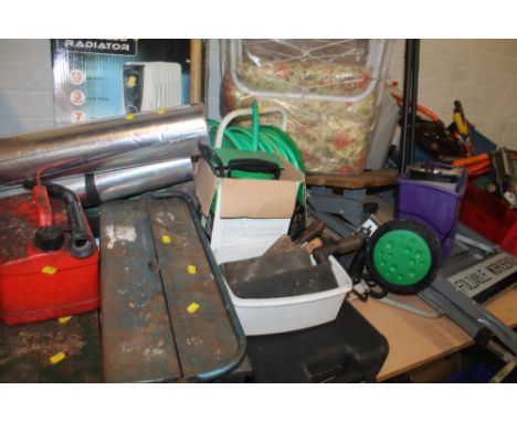 A LARGE QUANTITY OF TOOLS TO INCLUDE WORK BENCH, HAND TOOLS, ETC