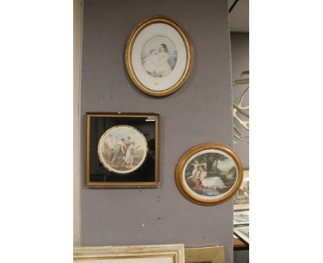 TWO HAND COLOURED ENGRAVINGS AFTER ANGELICA KAUFFMAN TOGETHER WITH A PORTRAIT OF TWO GIRLS IN AN OVAL FRAME