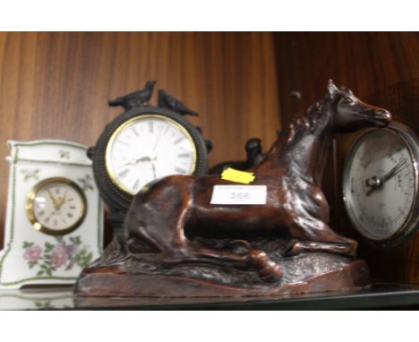 A QUANTITY OF HOUSEHOLD ORNAMENT AND CLOCKS, TO INCLUDE A HORSE FIGURE, BAROMETER, ETC 