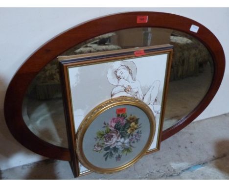 An oval wall mirror, a framed tapestry and a picture