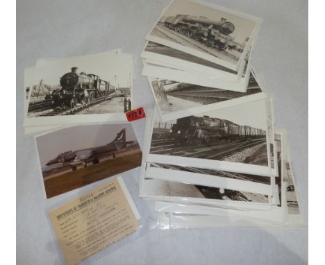 A collection of locomotive photographs, 1950s-1960s, a photograph of a Harrier jet and an army certificate of transfer