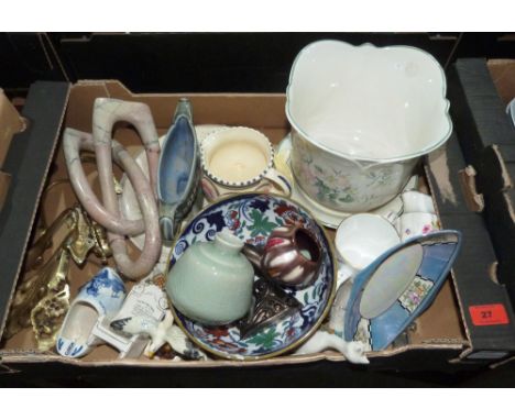 A box of ceramics and sundries to include Wade, Noritake, crestedware etc.