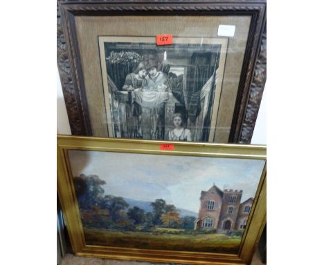 A print after Byrne-Jones and an oil on canvas of a country house