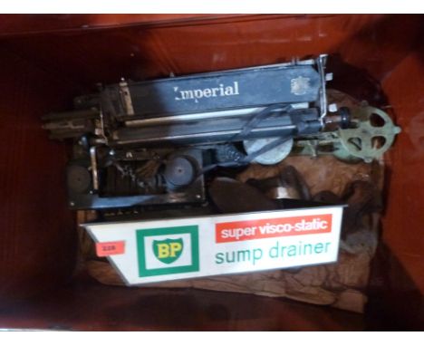 A tin trunk and metalware contents, the lot to include a vintage BP Super-Viscostatic sump drainer