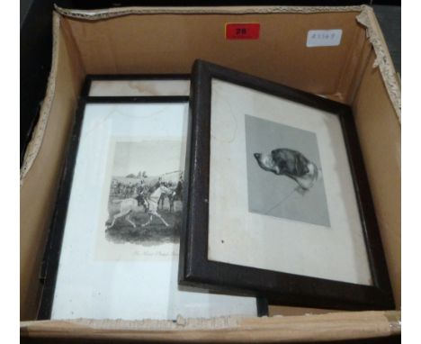 Four small hunting engravings and a print of a hound