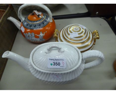 VICTORIAN PORCELAIN ETRUSCAN STYLE GLOBULAR TEAPOT, PAINTED WITH CHARIOTS ON A ORANGE GROUND, HAVING A HOOP HANDLE, A SPIRALL