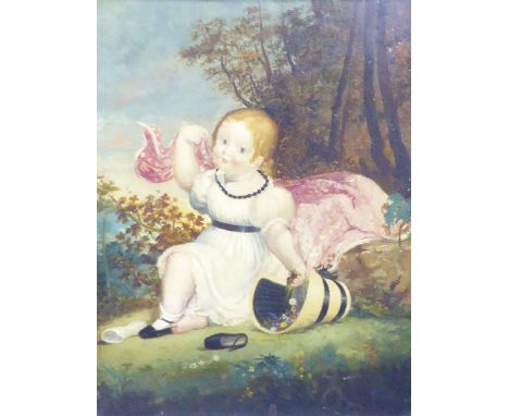 HENRY KNIGHT NAIVE OIL PAINTING ON PANEL Portrait of a young girl seated on a lawn holding a basket of flowers Signed, inscri