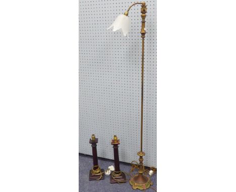 GILT METAL STANDARD LAMP with curved swinging arm top having frosted glass petal shaped shade, heavy cast metal base and a PA