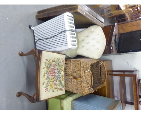 BUTTON BACK NURSING CHAIR, STOOL WITH NEEDLEWORK SEAT, TALL WICKER STORAGE CONTAINER, TWO CARD TABLES AND A DELONGHI ROOM HEA