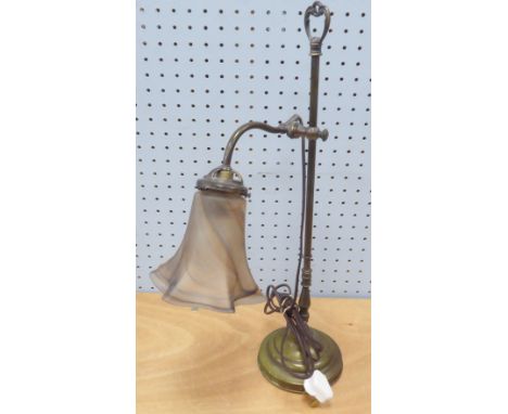 20th CENTURY BRASS DESK LAMP, the cylindrical column having ring handle surmounting, the curved lighting branch adjustable fo