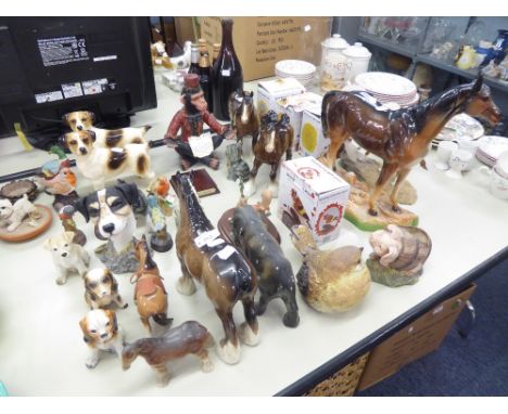 COLLECTION OF CERAMIC AND RESIN ANIMALS TO INCLUDE THREE LARGE BESWICK HORSES , LARGE BELGIAN HORSE AND POTTERY STAND ETC