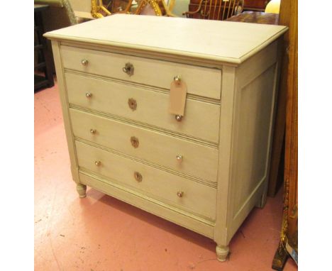 COMMODE, 19th century French traditionally grey painted with four long drawers and turned front supports, 95cm H x 100cm W x 
