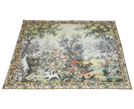 VERDU TAPESTRY, 215cm x 155cm, depicting a hunting scene with farmyard animals within verdu floral border. 