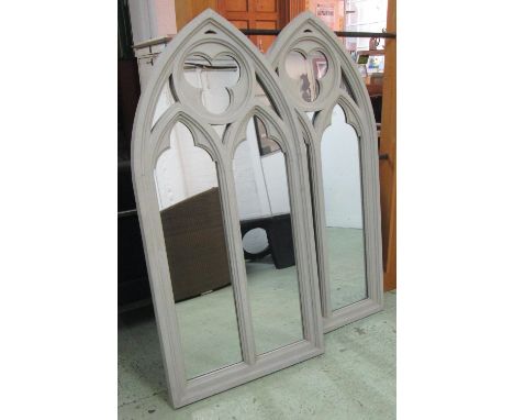 WALL MIRRORS, a pair, grey painted, Gothic arch, 60cm x 125cm H. (2)