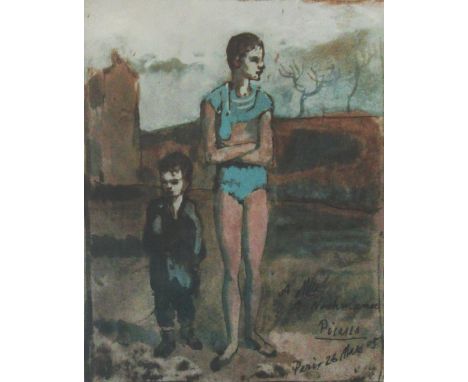 PABLO PICASSO (Spanish, 1881-1973) 'Harlequin and boy' 1946, lithograph and pochoir, 25cm x 18cm, signed in the plate and fra