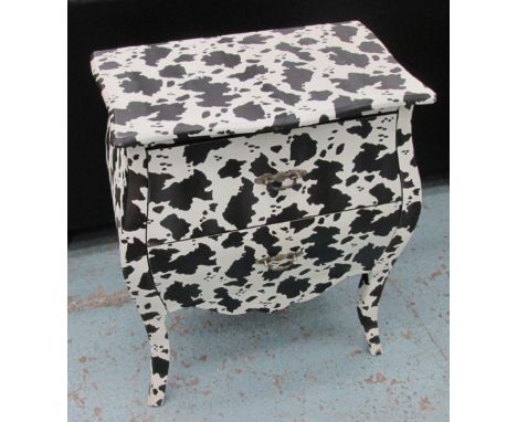 COMMODE, of small proportions, with two drawers with cow print decoration, 68cm x 38cm x 76cm H. (with faults)