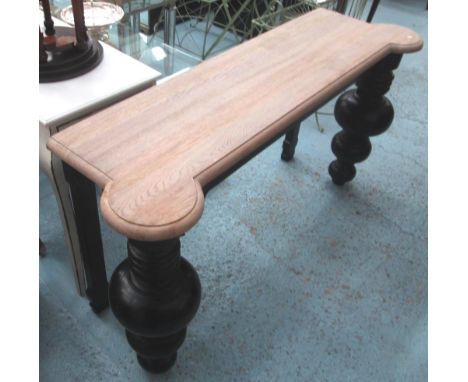 CONSOLE TABLE, with wooden top on turned ebonised supports, 149cm x 45cm x 75cm H. 