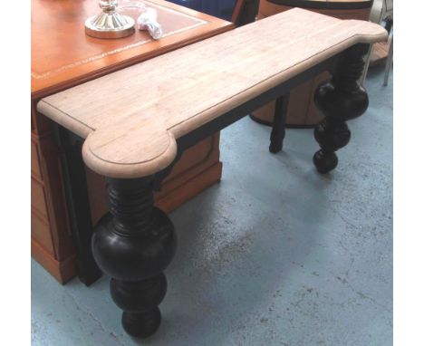 CONSOLE TABLE, with wooden top on turned ebonised supports, 149cm x 45cm x 75cm H. 