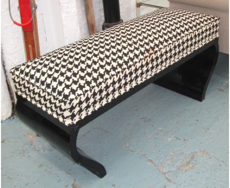 BENCH, in black and white hounds tooth patterned fabric, 37cm D x 50cm H x 110cm. 