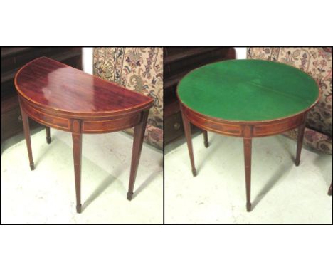 DEMI-LUNE CARD TABLE, George III mahogany, satinwood banded and line inlaid with green baize lined playing surface, 73cm H x 