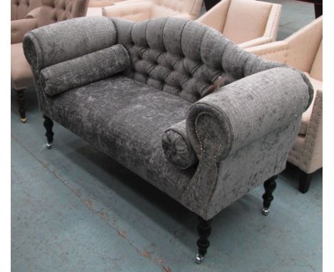 SOFA, button back two seater in grey reptile skin patterned chenille on turned castor supports, 137cm L. 